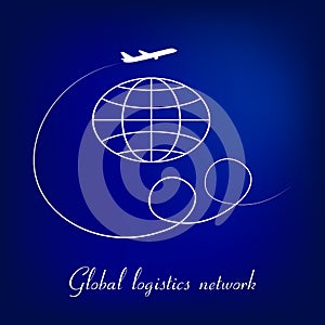 Global logistics network. Map global logistics partnership connection. Airplane connections network concept on blue backgrpund.  T